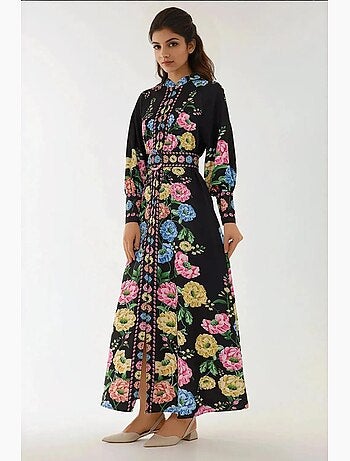 Robe longue imprimée à manches longues avec ceinture hiccup