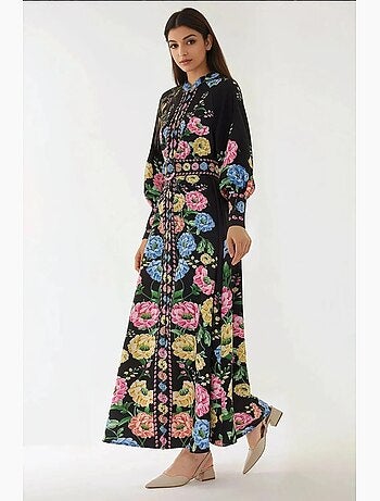 Robe longue imprimée à manches longues avec ceinture hiccup