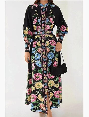 Robe longue imprimée à manches longues avec ceinture hiccup