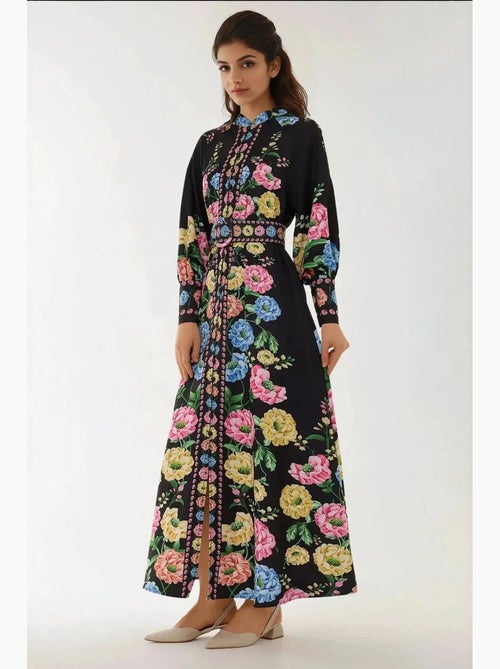 Robe longue imprimée à manches longues avec ceinture hiccup - Kiabi