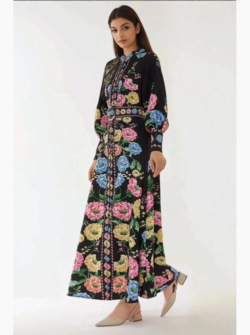 Robe longue imprimée à manches longues avec ceinture hiccup - Kiabi
