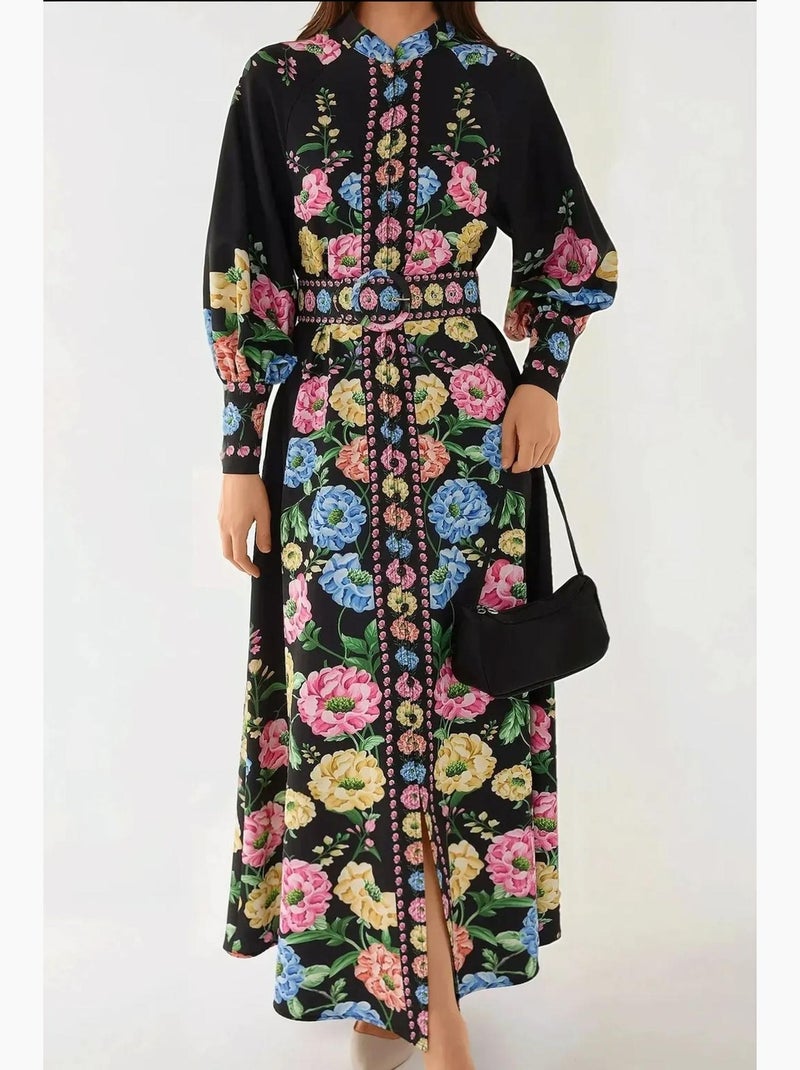 Robe longue imprimée à manches longues avec ceinture hiccup Noir - Kiabi