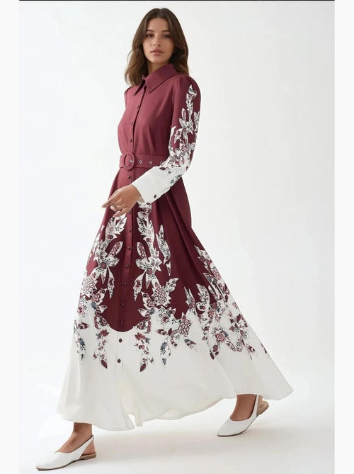 Robe longue imprimée à manches longues avec ceinture hiccup - Kiabi Robe longue imprimée à manches longues avec ceinture hiccup - Kiabi
