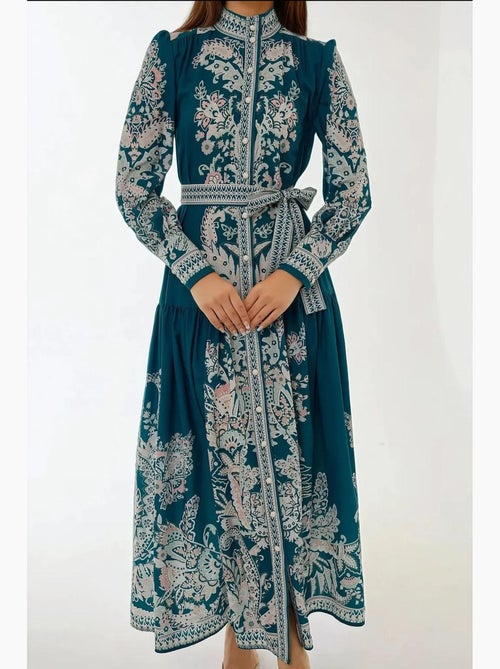 Robe longue imprimée à manches longues avec ceinture hiccup - Kiabi