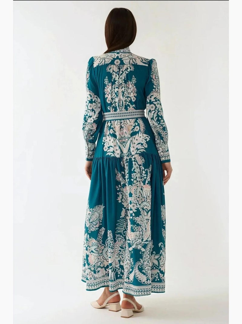 Robe longue imprimée à manches longues avec ceinture hiccup Vert foncé - Kiabi