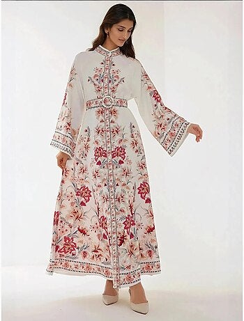 Robe longue imprimée à manches longues avec ceinture