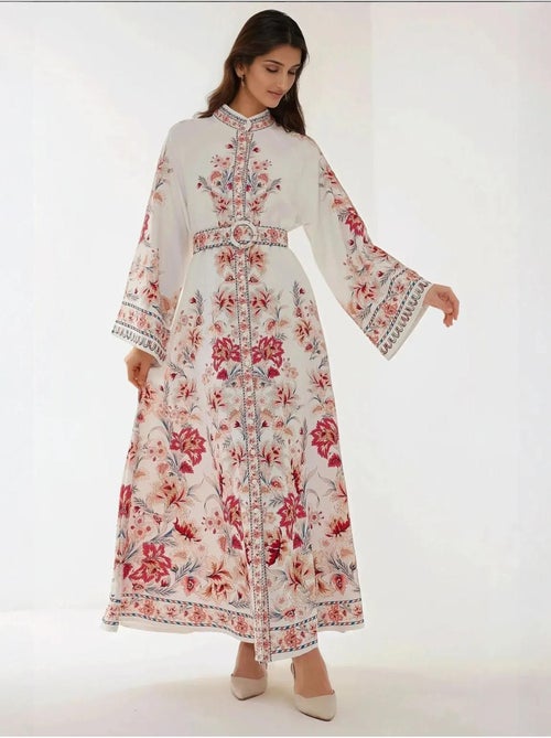 Robe longue imprimée à manches longues avec ceinture - Kiabi