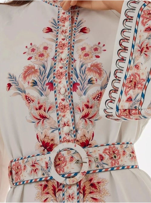 Robe longue imprimée à manches longues avec ceinture - Kiabi