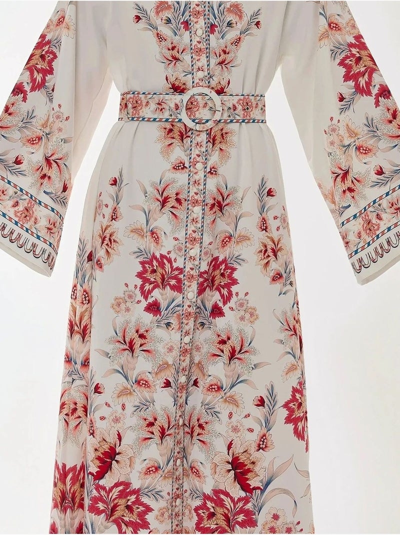 Robe longue imprimée à manches longues avec ceinture Multicolore - Kiabi