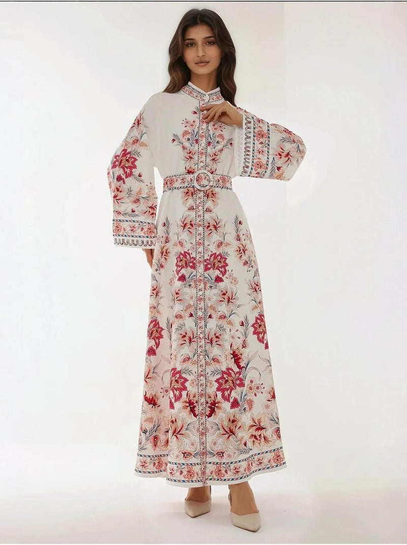 Robe longue imprimée à manches longues avec ceinture Multicolore - Kiabi