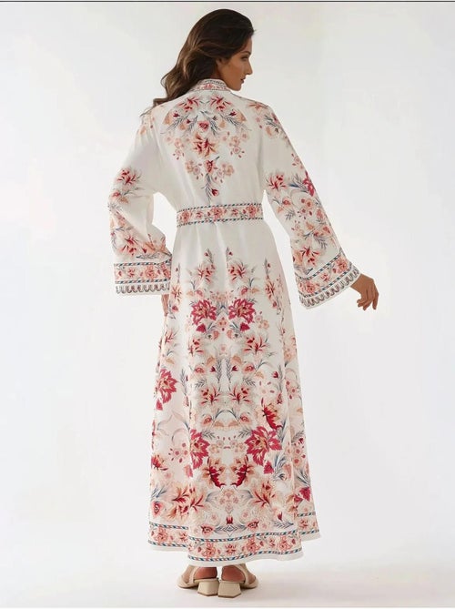 Robe longue imprimée à manches longues avec ceinture - Kiabi