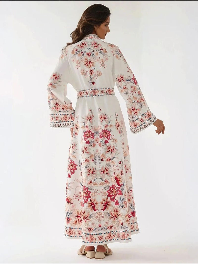 Robe longue imprimée à manches longues avec ceinture Multicolore - Kiabi