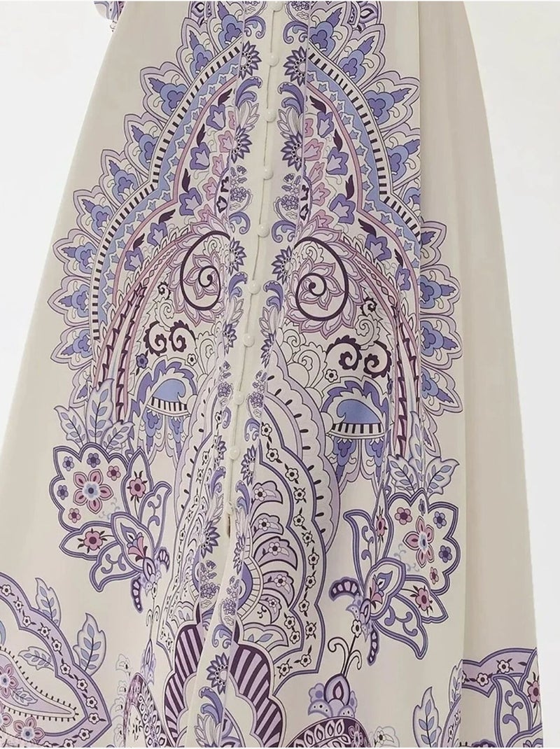 Robe longue imprimée à manches longues avec ceinture Multicolore - Kiabi