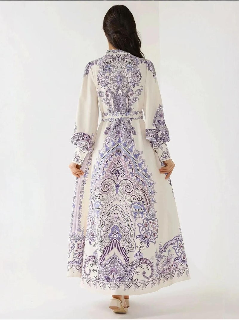 Robe longue imprimée à manches longues avec ceinture Multicolore - Kiabi