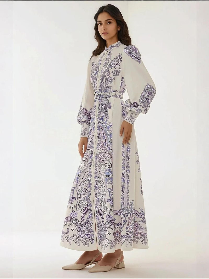 Robe longue imprimée à manches longues avec ceinture Multicolore - Kiabi