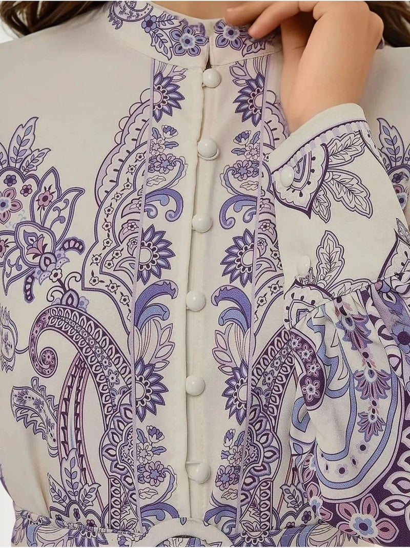 Robe longue imprimée à manches longues avec ceinture Multicolore - Kiabi
