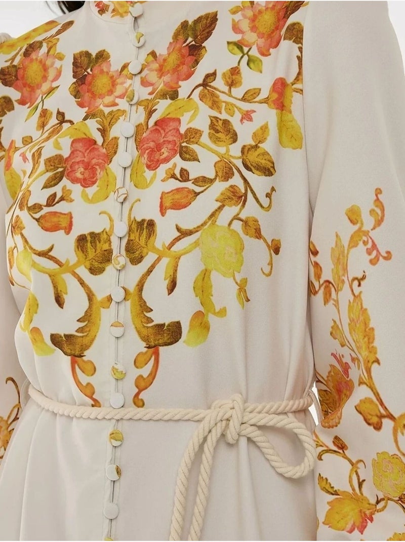 Robe longue imprimée à manches longues avec ceinture Multicolore - Kiabi