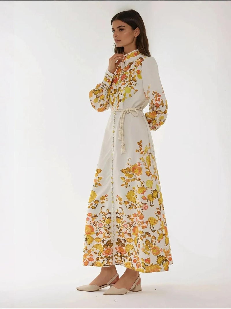 Robe longue imprimée à manches longues avec ceinture Multicolore - Kiabi