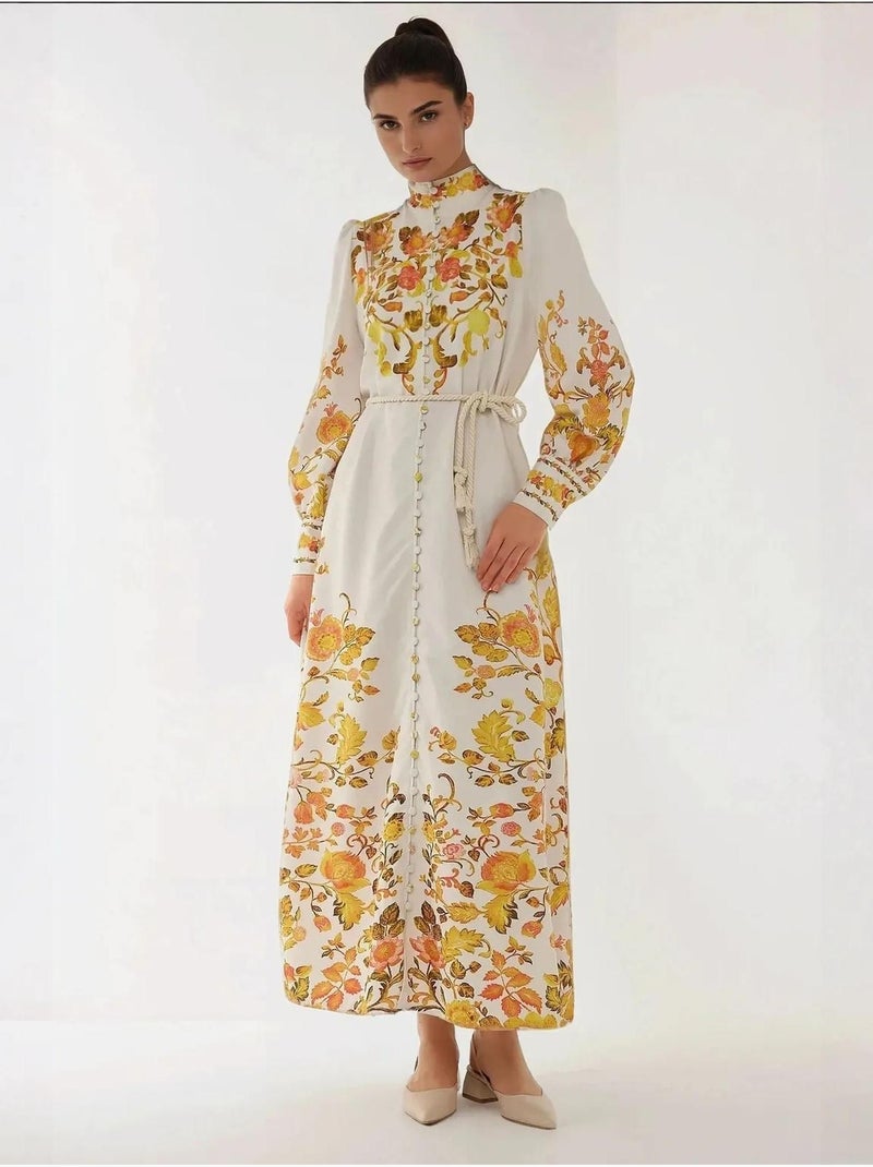 Robe longue imprimée à manches longues avec ceinture Multicolore - Kiabi