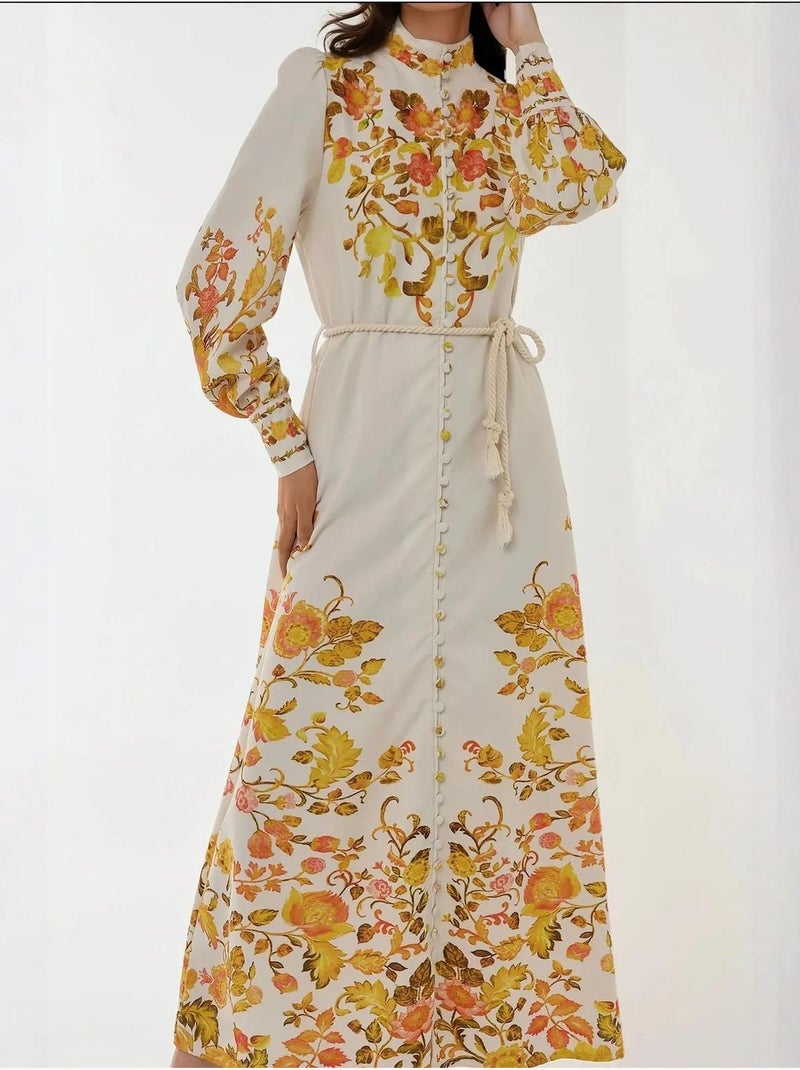 Robe longue imprimée à manches longues avec ceinture Multicolore - Kiabi