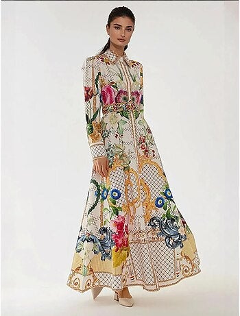Robe longue imprimée à manches longues avec ceinture