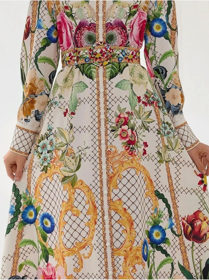 Robe longue imprimée à manches longues avec ceinture Multicolore - Kiabi