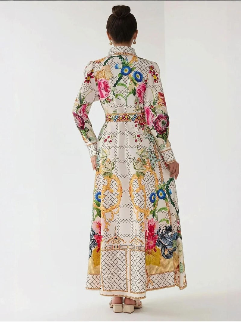 Robe longue imprimée à manches longues avec ceinture Multicolore - Kiabi