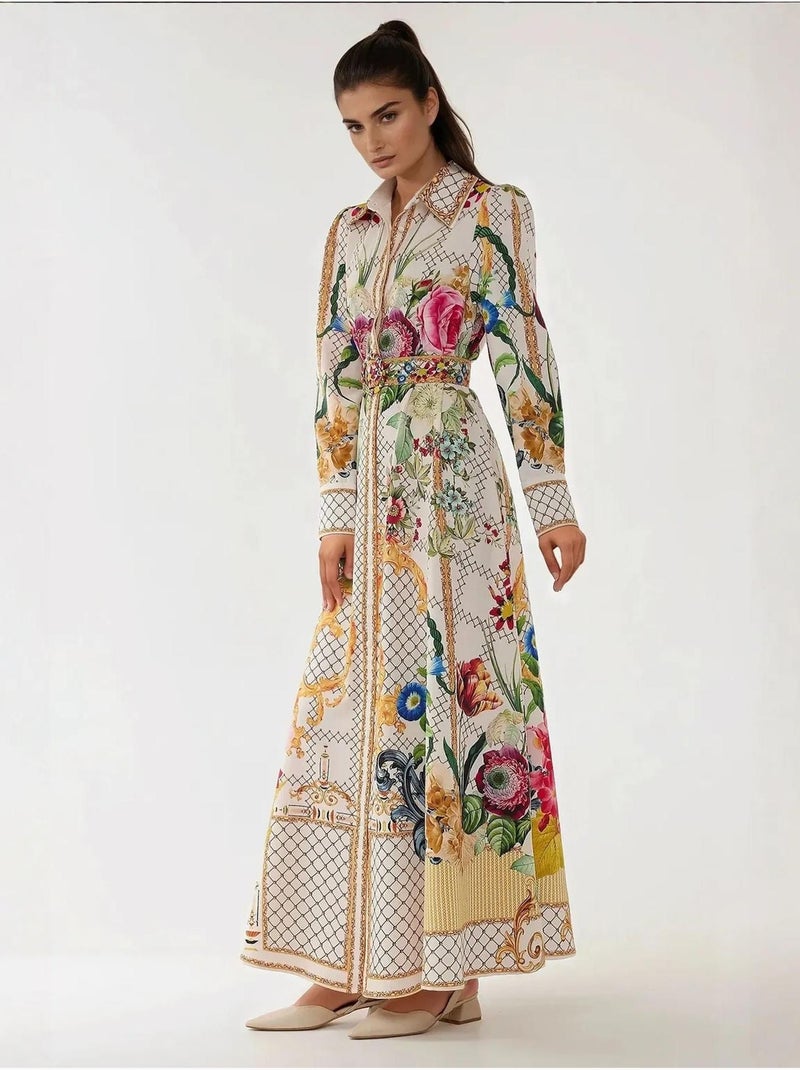 Robe longue imprimée à manches longues avec ceinture Multicolore - Kiabi