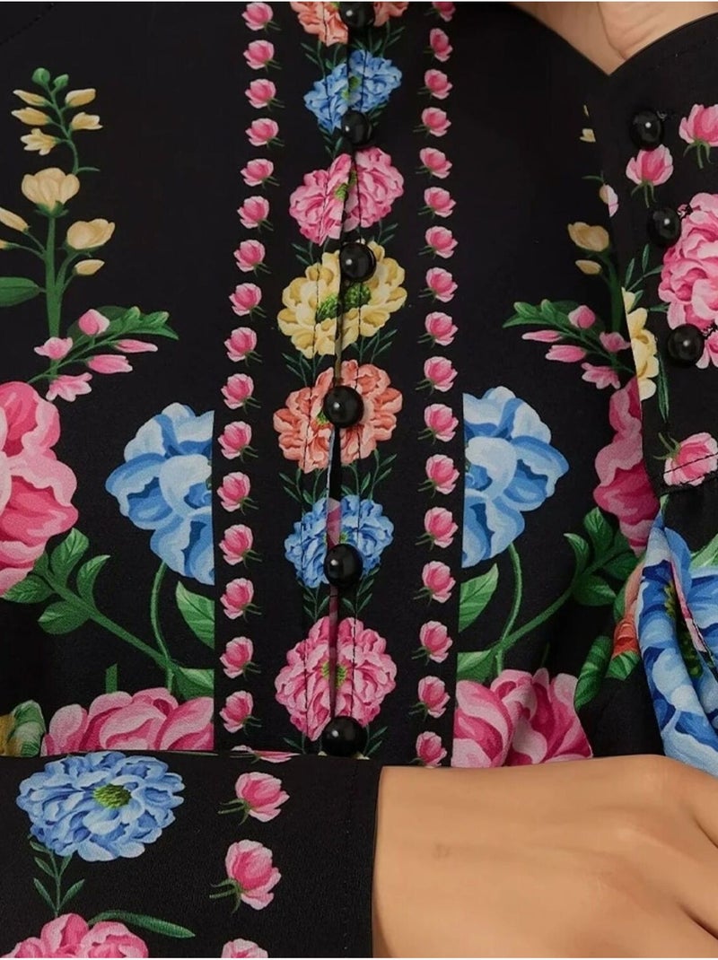 Robe longue imprimée à manches longues avec ceinture Noir - Kiabi