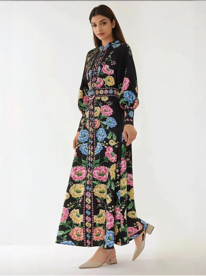 Robe longue imprimée à manches longues avec ceinture Noir - Kiabi