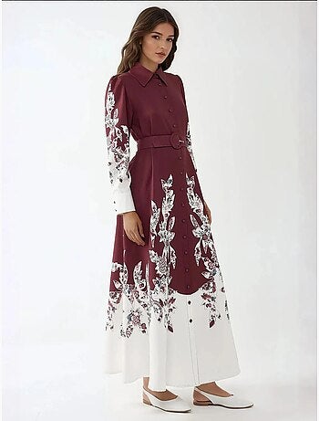 Robe longue imprimée à manches longues avec ceinture