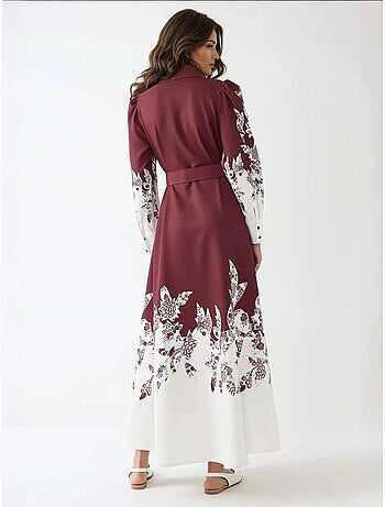 Robe longue imprimée à manches longues avec ceinture