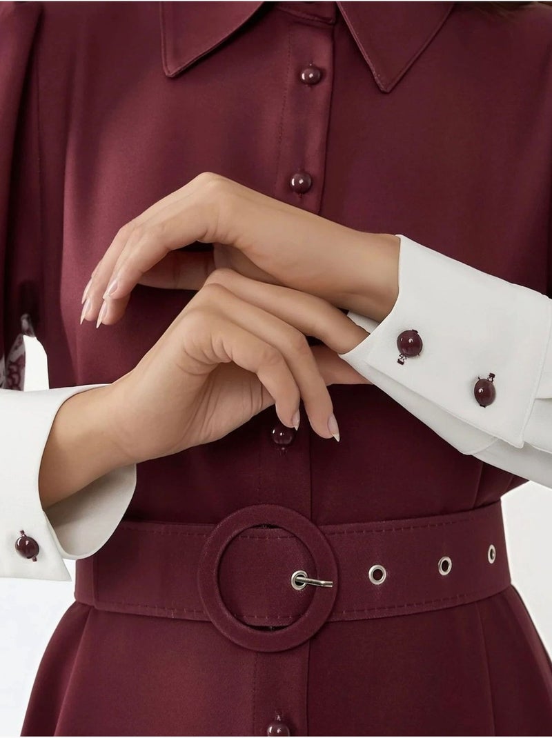 Robe longue imprimée à manches longues avec ceinture Rouge bordeaux - Kiabi