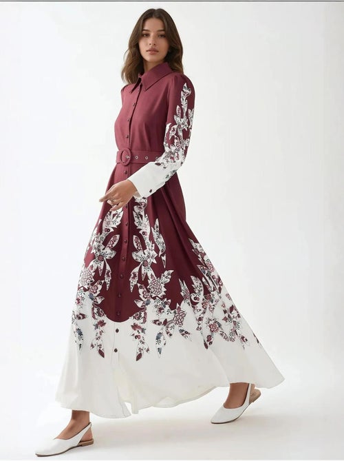 Robe longue imprimée à manches longues avec ceinture - Kiabi Robe longue imprimée à manches longues avec ceinture - Kiabi