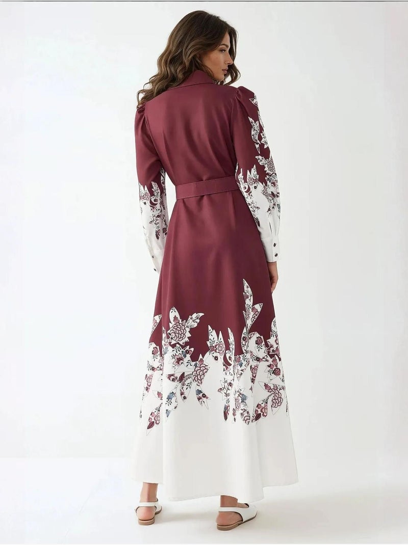 Robe longue imprimée à manches longues avec ceinture Rouge bordeaux - Kiabi