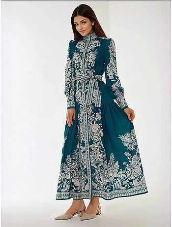 Robe longue imprimée à manches longues avec ceinture