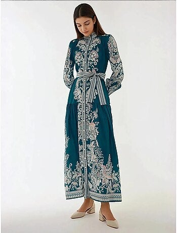 Robe longue imprimée à manches longues avec ceinture