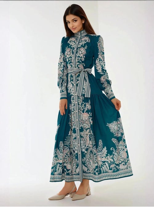 Robe longue imprimée à manches longues avec ceinture - Kiabi
