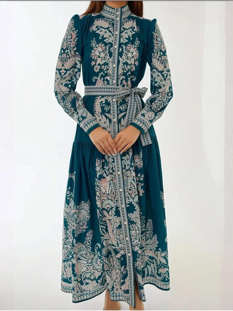 Robe longue imprimée à manches longues avec ceinture Vert foncé - Kiabi