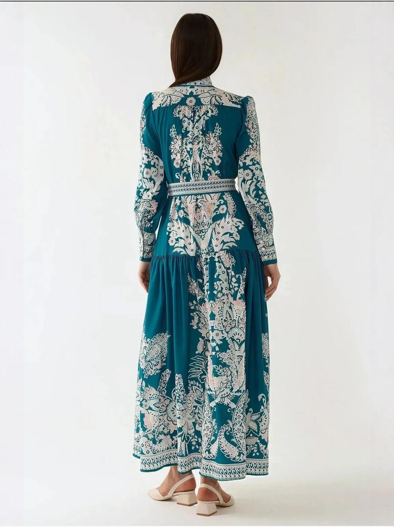 Robe longue imprimée à manches longues avec ceinture Vert foncé - Kiabi