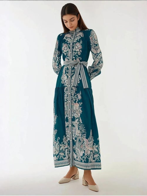 Robe longue imprimée à manches longues avec ceinture - Kiabi