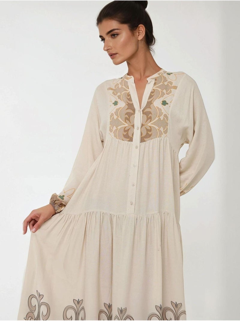 Robe longue imprimée à manches longues en viscose Beige - Kiabi