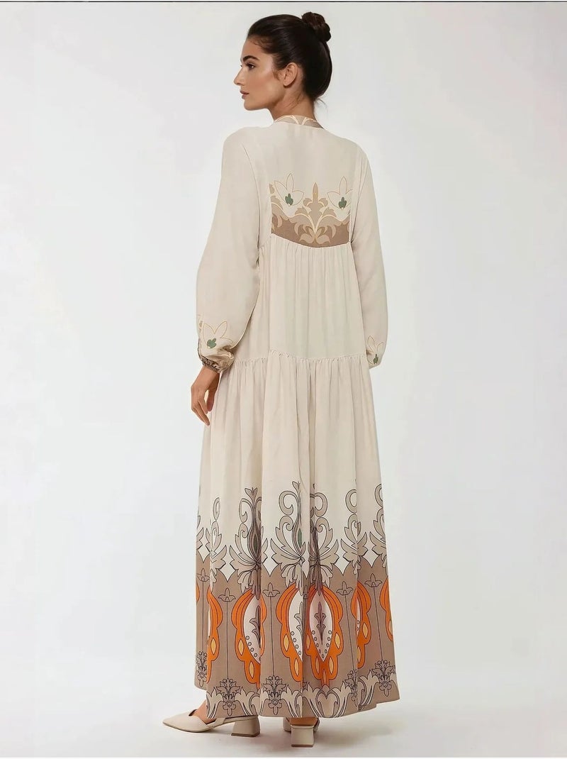Robe longue imprimée à manches longues en viscose Beige - Kiabi
