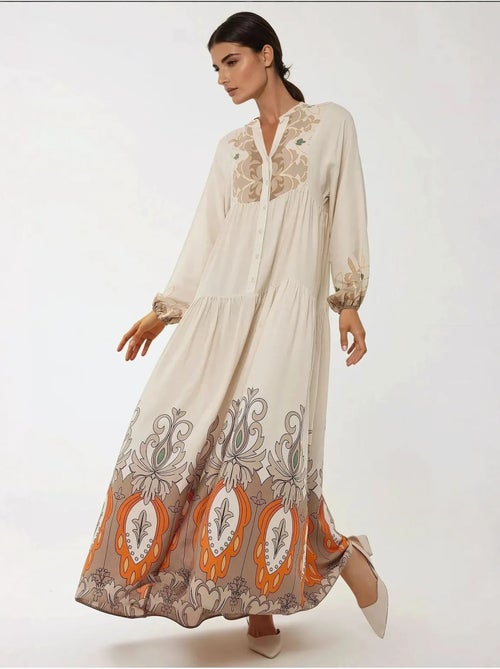 Robe longue imprimée à manches longues en viscose - Kiabi