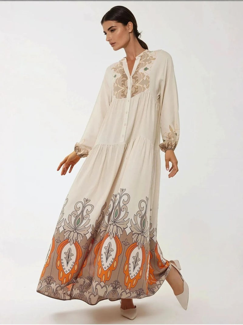 Robe longue imprimée à manches longues en viscose Beige - Kiabi