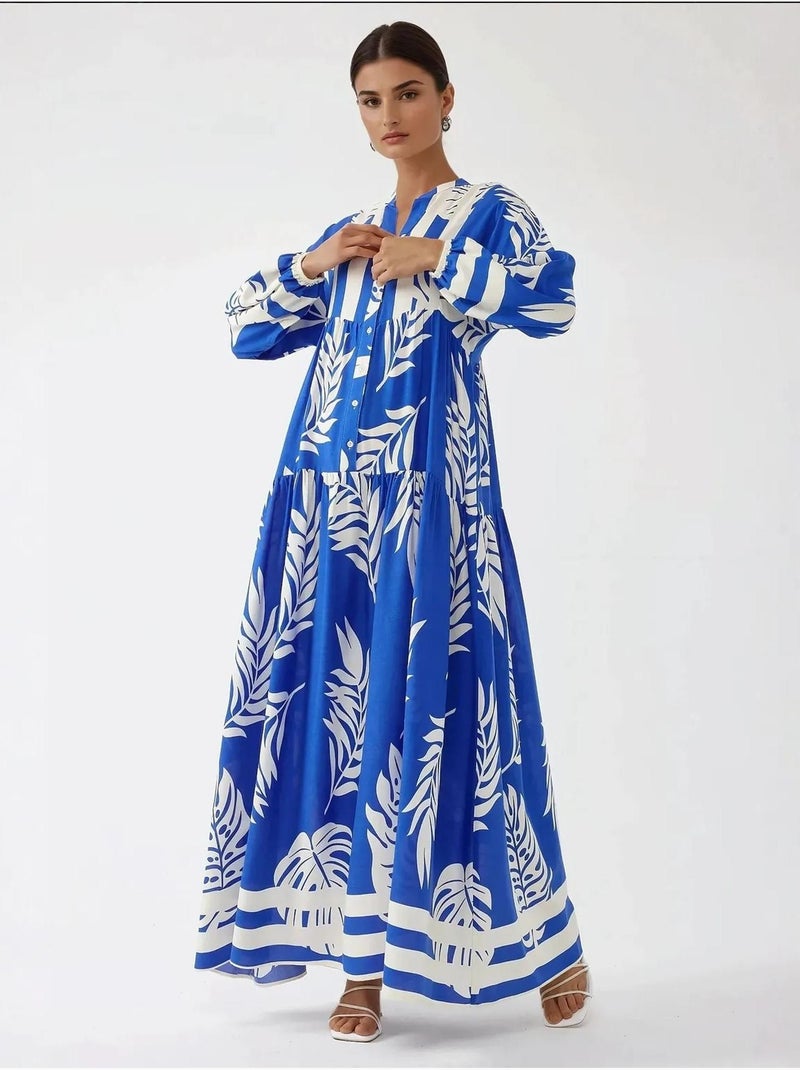 Robe longue imprimée à manches longues en viscose Bleu électrique - Kiabi