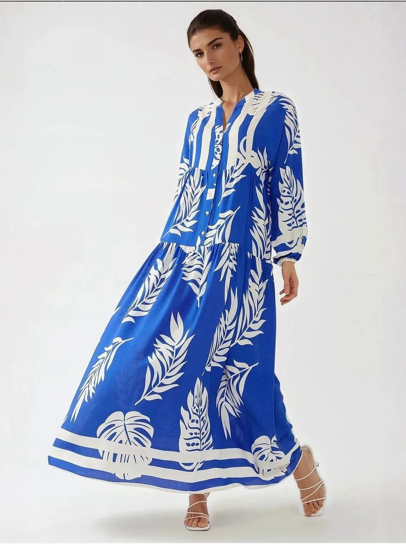 Robe longue imprimée à manches longues en viscose Bleu électrique - Kiabi
