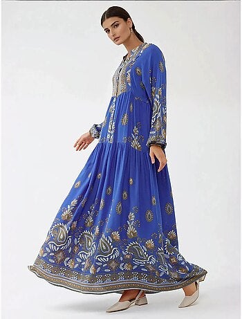 Robe longue imprimée à manches longues en viscose