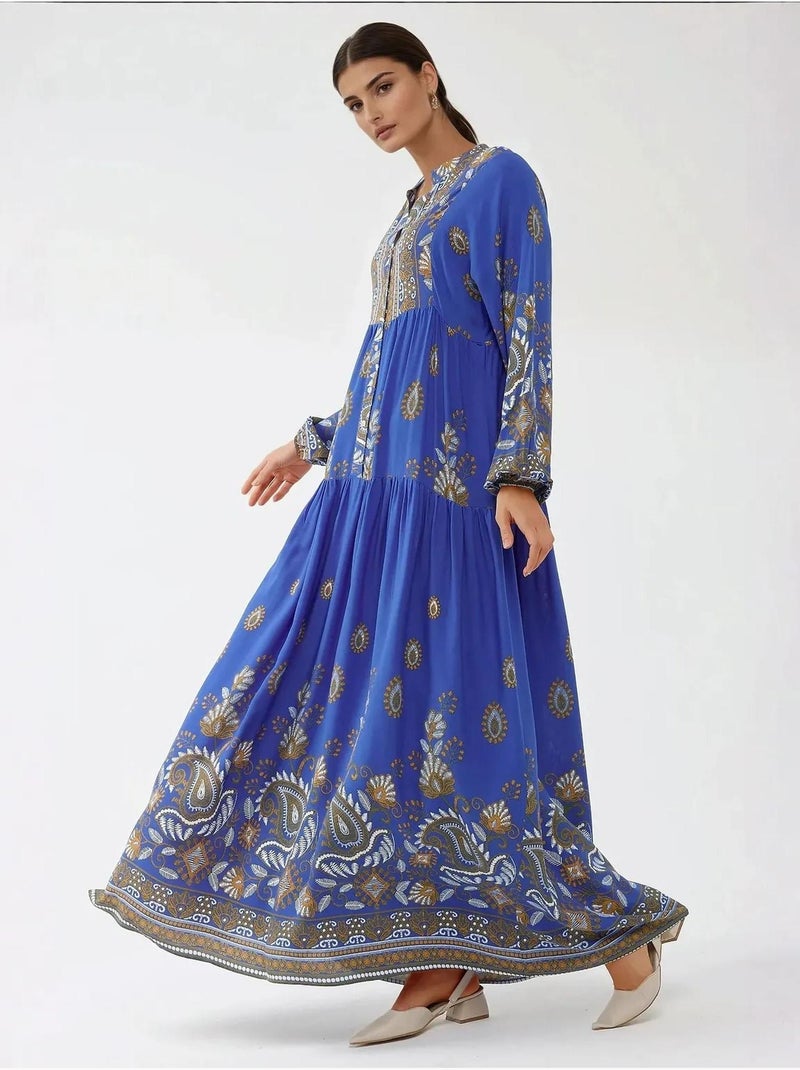 Robe longue imprimée à manches longues en viscose Bleu électrique - Kiabi