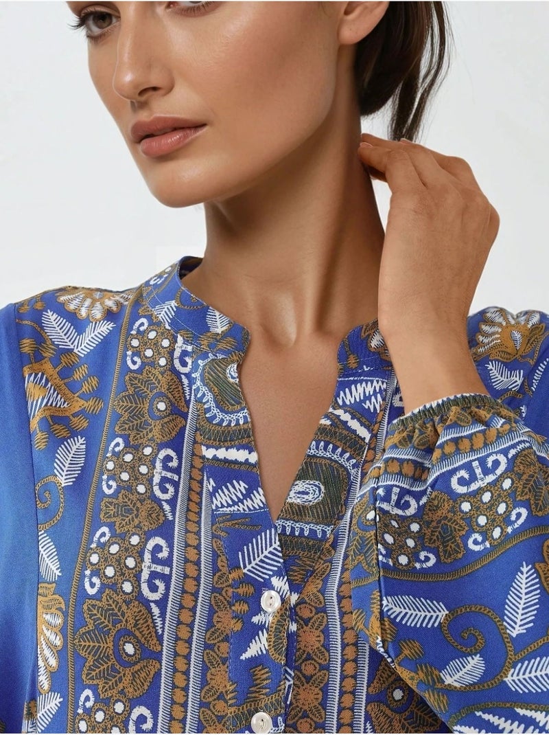Robe longue imprimée à manches longues en viscose Bleu électrique - Kiabi